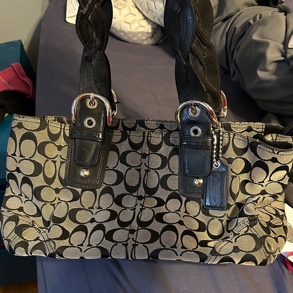 Coach Black and Cream Signature Shoulder Bag